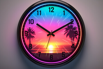 Neon wall clock with palm trees and sunset gradient background