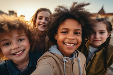 Portrait of diverse children taking selfie outside