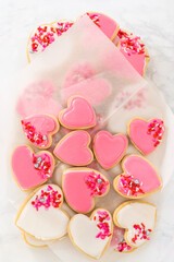 Heart-shaped sugar cookies with royal icing