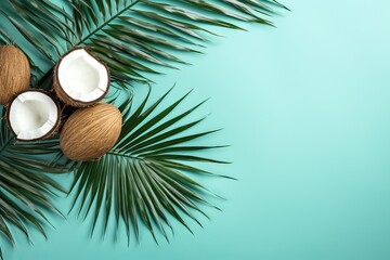 space copy view top lay Fl concept Summer background mint leaf palm Coconut composition pattern fruit food nut tropical minimal poster layout creative flat up high overhead nature hipster fashion - obrazy, fototapety, plakaty