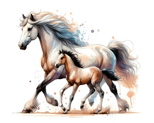 Horse with foal. Watercolor paint. Isolated illustration on a white background. Banner. Close-up. Generative AI