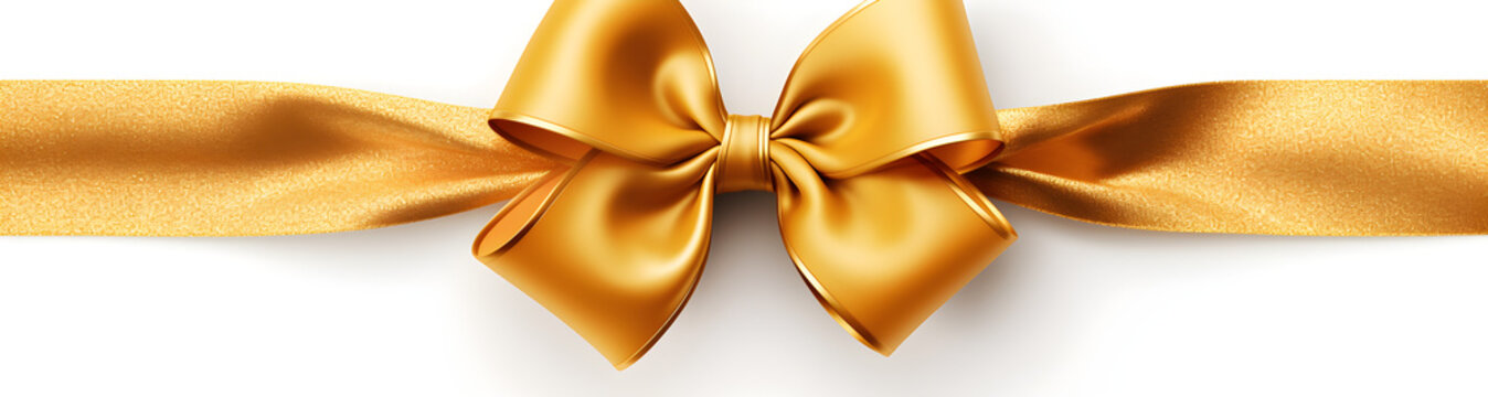 Golden decorative bows with horizontal gold ribbon isolated on a white background,