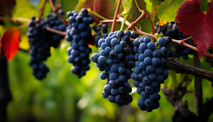 Ripe grape bunches hanging in vineyard, nature sweetness generated by AI