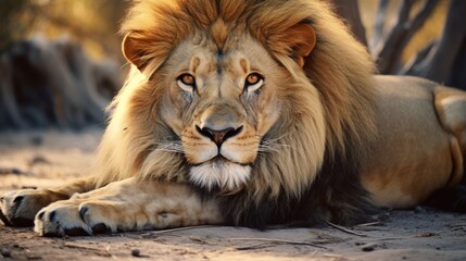 Male lion (Panthera leo) lying in the sand at sunset Generative AI - obrazy, fototapety, plakaty