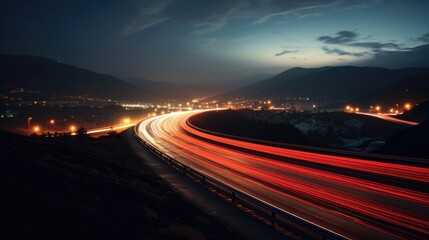 Fototapeta na wymiar Long exposure light trails at night. Highway in the mountains. AI Generated
