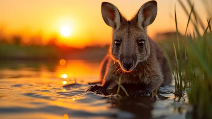 Fotobehang Kangaroo in the water at sunset. Australian kangaroo Generative AI © Alex