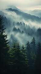 Top shot of a foggy coniferous forest. Generated AI