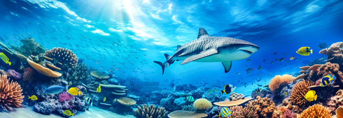 Obraz na płótnie Canvas Coral reef with tropical fish and shark. Underwater panorama