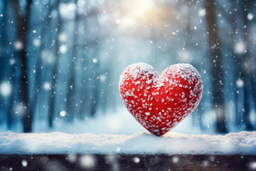 Obraz premium Red heart on snow in winter forest. Valentines day background.