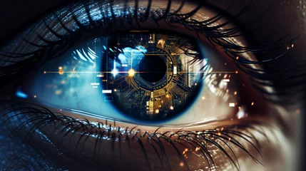 Foto op Aluminium close-up of a digital eye or lens, with a high-tech iris and data streaming in the background, representing surveillance and vision technology © 1st footage