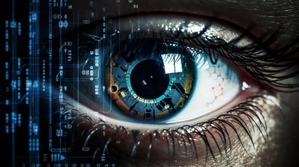 Poster close-up of a digital eye or lens, with a high-tech iris and data streaming in the background, representing surveillance and vision technology © 1st footage