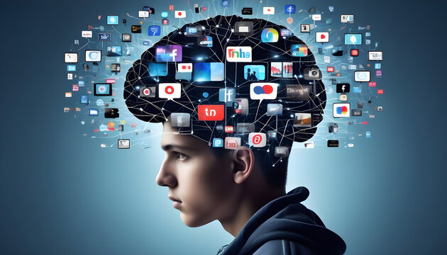 People with TV screens on the brain, addicted to social media, manipulation and mind control, by media, teenager disconnected to reality