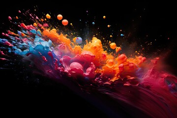 paint Splash holi powder abstract background design explosion particle colours dust bright black flour indian motion texture cloud splatter dark space cover beauty cosmetic crushed eyeshadow - obrazy, fototapety, plakaty