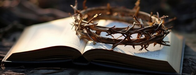 The crown of thorns of Jesus Christ lies on an open bible - obrazy, fototapety, plakaty