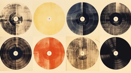 Vinyl records in different colors on a beige background, collage Generative AI