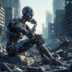 robot sits sadly in thought on the ruins of the city, resting its head