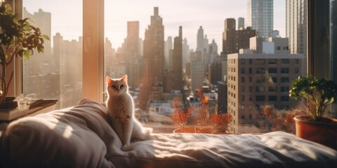 Candid shot of a cat lounging in a cozy city apartment, peeking through the window at the urban...