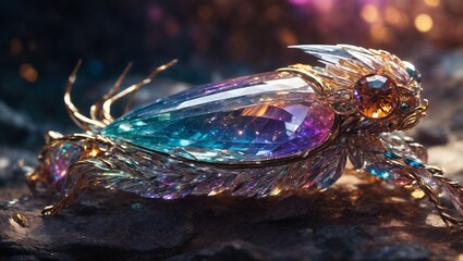 A fantastic brooch in the shape of an insect, decorated with dazzling multi-colored stones that catch the light from any angle. - obrazy, fototapety, plakaty