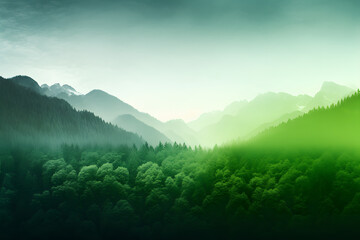 Misty green mountain landscape at dawn