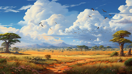 savannah landscape with wide open plains, acacia trees, and roaming herds of wildlife, capturing the essence of the grassland ecosystem