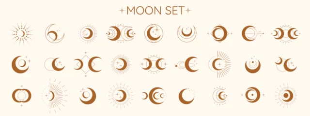 Fotobehang Circle pattern set with clouds, moon, sun, stars. The sun, moon phases, crystals, magic symbols. Vector collection in oriental chinese, japanese, korean style. Line hand drawn illustration EPS 10 © The Best Stocker