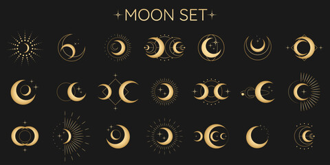 Circle pattern set with clouds, moon, sun, stars. The sun, moon phases, crystals, magic symbols. Vector collection in oriental chinese, japanese, korean style. Line hand drawn illustration EPS 10 - obrazy, fototapety, plakaty