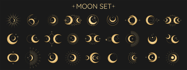 Circle pattern set with clouds, moon, sun, stars. The sun, moon phases, crystals, magic symbols. Vector collection in oriental chinese, japanese, korean style. Line hand drawn illustration EPS 10 - obrazy, fototapety, plakaty