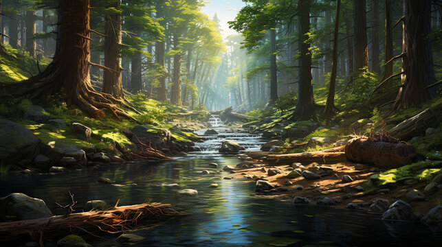 Forest Stream Winding Its Way Through Old-growth Trees, With Dappled Sunlight Reflecting Off The Water And Creating A Peaceful Ambiance