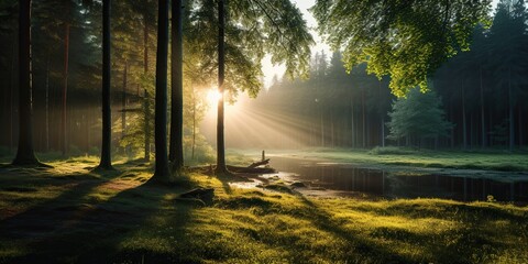 Captivating shot of a serene, untouched forest landscape bathed in morning light , concept of...