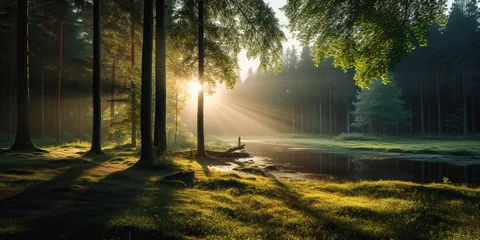 Zelfklevend Fotobehang Captivating shot of a serene, untouched forest landscape bathed in morning light , concept of Majestic scenery © koldunova