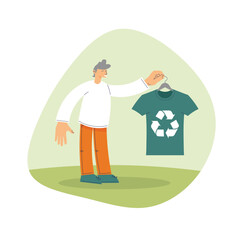 Recycle and reuse textile. A man holding t shirt with a recycling symbol. Sustainable, slow and eco friendly fashion. Wardrobe and clothes store. Vector hand drawn illustration in a trendy flat style.