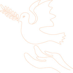A dove of peace with an olive branch in the form of one continuous line. A bird, a twig and hands are a symbol of peace and freedom