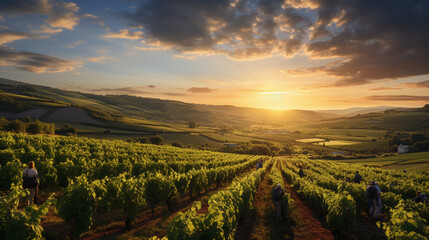 Sunset over a vineyard, with rows of grapevines and workers tending to the vines, in a picturesque...