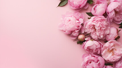 Aesthetic top view photograph of budding pink peony roses and delicate sprinkles on an isolated pastel pink background, 