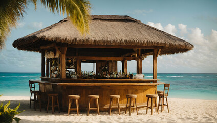 Wooden bar with a thatched roof on the beach by the sea on a sunny day. Tiki bar.
