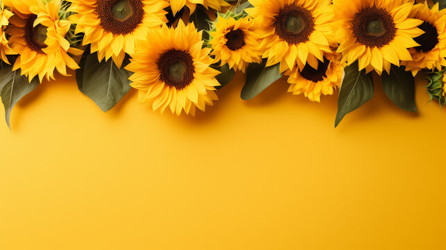 Aesthetic top view of sunflowers elegantly placed on a yellow background, forming a delightful and visually stunning composition with copy space, 