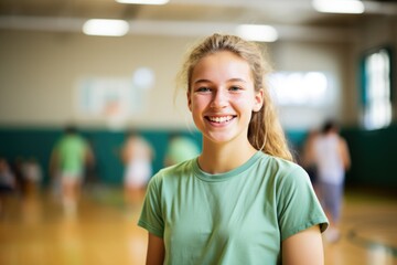 Portrait of teenage girl in gym class - obrazy, fototapety, plakaty
