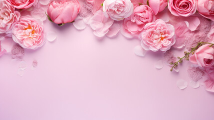 Beautiful top view photo of pink peony roses and whimsical sprinkles arranged on an isolated pastel pink surface, presenting a visually enchanting composition with a clean and inviting blank space.