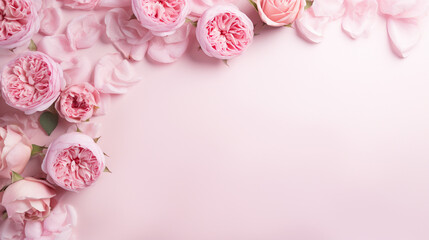 Beautiful top view photo of pink peony roses and whimsical sprinkles arranged on an isolated pastel pink surface, presenting a visually enchanting composition with a clean and inviting blank space.