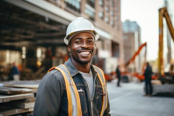 Smiling portrait of male construction worker at site - obrazy, fototapety, plakaty
