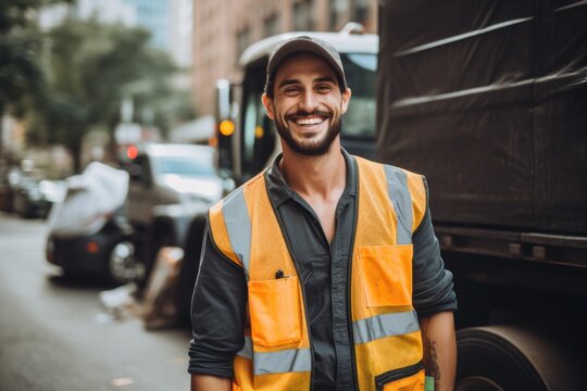 Portrait young garbage man in city