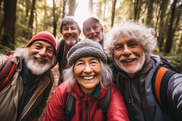 Portrait of diverse senior hikers taking selfie in woods