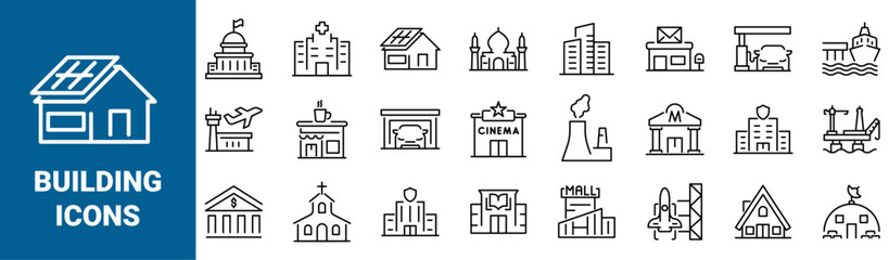 Building line web icons. Airport, Office, Hotel, Hospital, Insurance, town house, mall, coffee. Simple vector illustration. Editable stroke