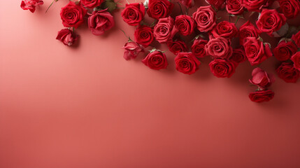 Charming display of red roses on a pale red surface, creating an enchanting and romantic image with copyspace,