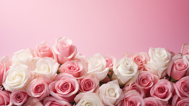 Charming display of pink and white roses on a pink surface, creating an enchanting and romantic image with copyspace, 
