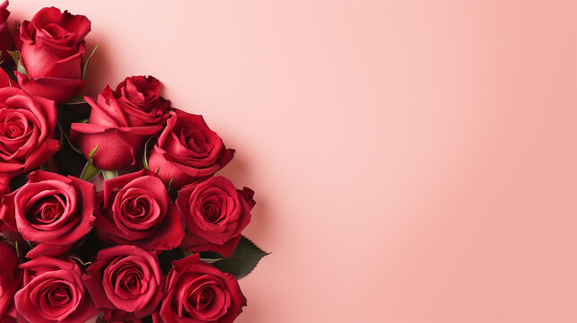 Charming display of red roses on a pale red surface, creating an enchanting and romantic image with copyspace, 