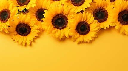Cheerful top view photograph featuring sunflowers on a sunny yellow background, creating a visually pleasing and vibrant composition with ample copy space, 
