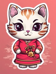 Cartoon sticker sweet kitten dressed in a red Chinese kimono, AI