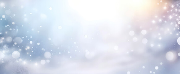 Christmas light blue blurred background with snowflakes and garland lights. New Year, winter holidays banner for design.Generative AI 
