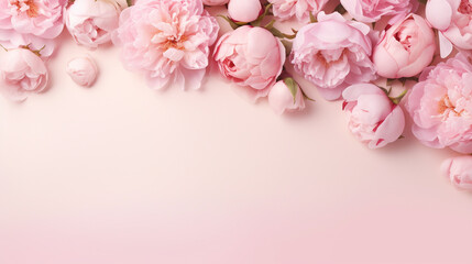 Elegant top view image showcasing the grace of pink peony rose buds and carefully placed sprinkles on a soft pastel pink background